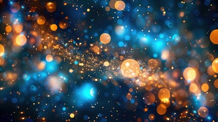 Abstract blue and orange bokeh lights on a dark background, creating a dreamy and festive visual effect.