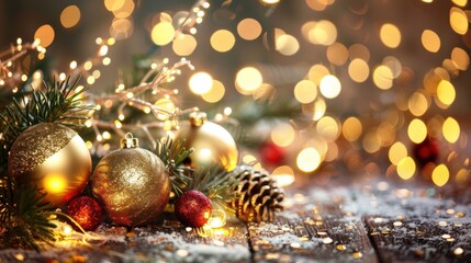 Close-up of Christmas decorations featuring gold and red ornaments, pine branches, and glowing lights creating a warm holiday atmosphere.