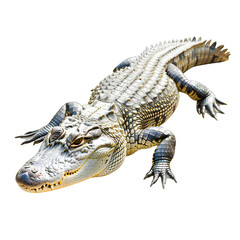 Obraz premium Close-up of a detailed alligator with rough scales and sharp teeth in a lifelike posture isolated on transparency background, PNG cut out.