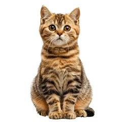 Obraz premium Close-up of a cute tabby kitten sitting upright isolated on transparency background, PNG cut out, showcasing its striped fur and big, round eyes. Perfect for pet lovers and cat enthusiasts.