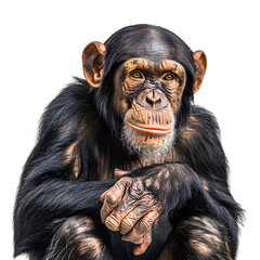 Naklejka premium Portrait of a thoughtful looking chimpanzee with folded arms isolated on transparency background, PNG cut out, showcasing detailed facial features and textured fur.