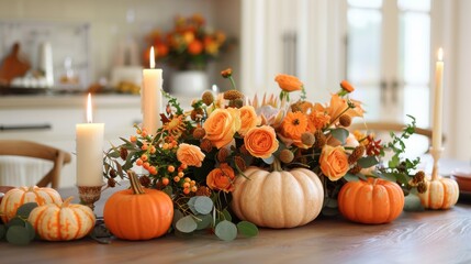 Beautiful autumnal centerpiece featuring vibrant orange flowers, candles, and pumpkins on a table, perfect for seasonal decorations.