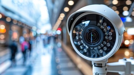 A close-up shot of a security camera mounted in a public area, likely an urban setting. The camera lens is pointed directly at a blurred background of people walking by
