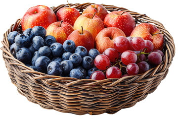 Basket of fresh, assorted fruits including apples, blueberries, and grapes, perfect for healthy...