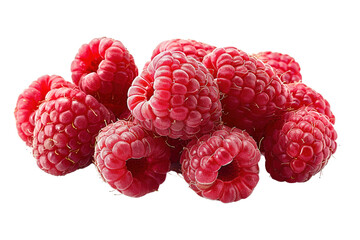 Heap of fresh red raspberries isolated on white background. Juicy and delicious, perfect for smoothies and desserts.
