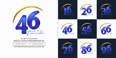 anniversary logotype set vector, blue and golden color with swoosh for special day celebration