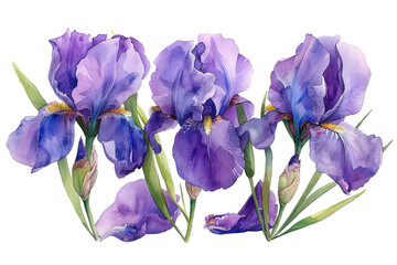 Watercolor illustration of beautiful purple iris flowers with leaves, perfect for botanical and floral designs.