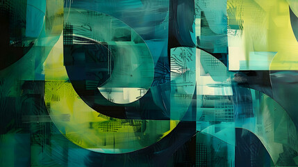 Contemporary painting showcasing abstract forms in emerald green and royal blue, with a blend of organic and architectural influences