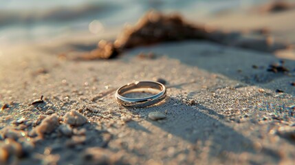 Wedding ring on a sandy beach, representing the union of love and paradise, raw style, intricate details, romantic symbolism