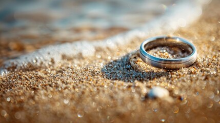 Wedding ring partially buried in sand on a symbolic beach, representing love, marriage, and paradise, raw style, detailed textures