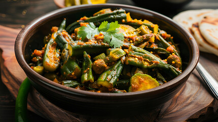  Okra also known as Ladyfinger, Served in a bowl over moody background. selective focus ai generative