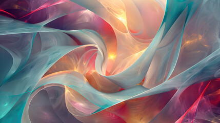 Digital rendering of an abstract shape in turquoise and magenta, featuring flowing lines and a golden interior