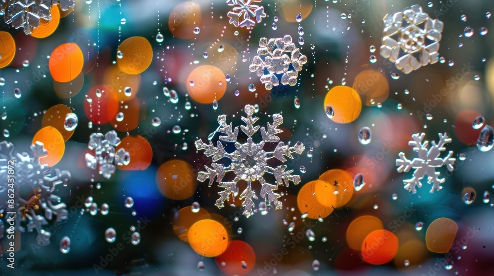 Poster close-up of glittering snowflake decorations on a rainy window with colorful bokeh lights in the bac