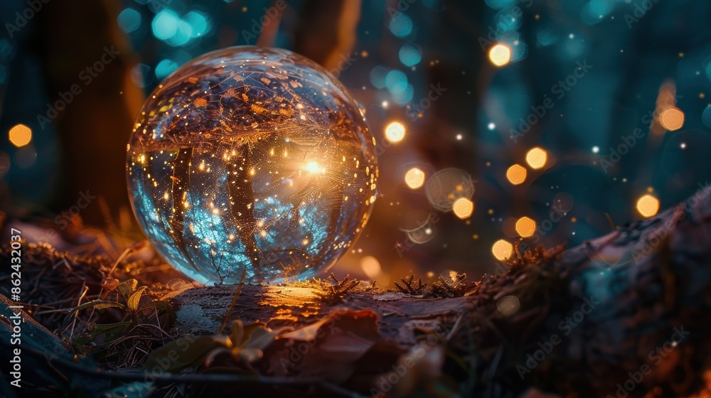 Poster a crystal ball reflecting light in an enchanted forest, creating a magical and mysterious atmosphere