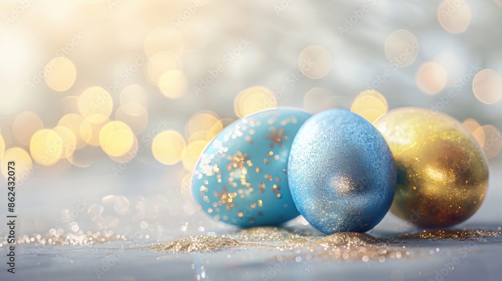 Wall mural Three decorative Easter eggs with glitter on a sparkling background, perfect for holiday celebrations and festive designs.