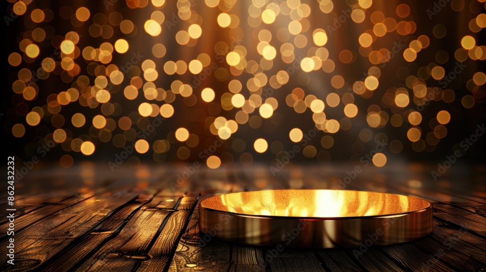 Poster an empty golden pedestal stands out against a backdrop of glowing bokeh lights, creating a festive a