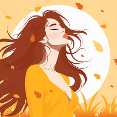 A cute young red-haired woman with long hair in an autumn park breathes in fresh air. Flat cartoon, vector. 
