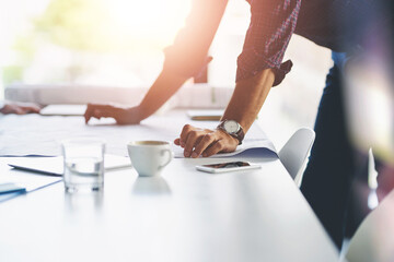 Documents, blueprint and hands of business man for architecture, urban planning and property development. Building company, professional and person with paperwork, illustration and design on desk