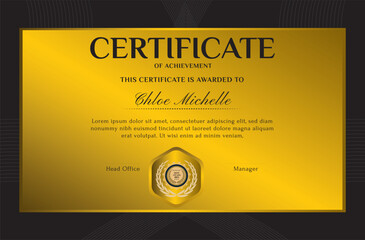 Elegant black and gold blue diploma certificate template with luxury badge and modern line pattern. For award, business, and education needs. Use for print, certificate, diploma, graduation