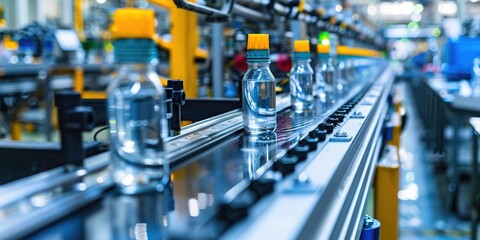Fototapeta premium Bottling plant with conveyor belt, industrial automation