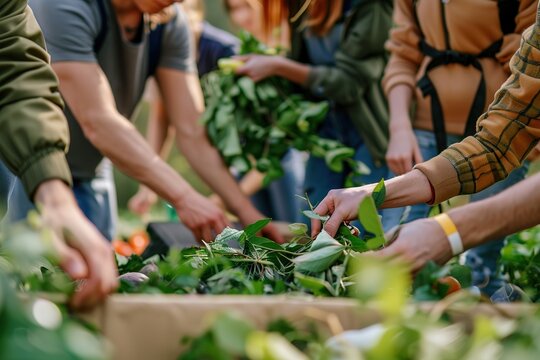 Hands sorting organic waste for composting, eco-friendly