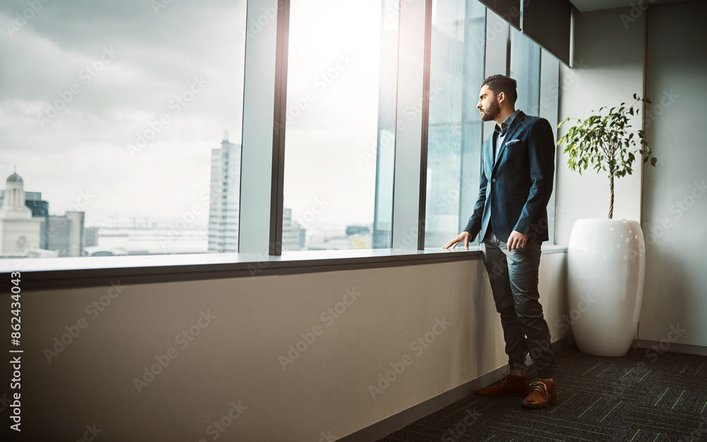 Poster office, thinking and man at window with ideas, insight or decision for property developer in city. r