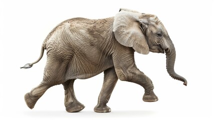 Obraz premium Side view of a cute young elephant walking on a white background. 