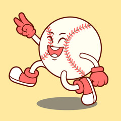happy baseball ball mascot character jumping with vintage retro style, aesthetic and fresh. cartoon and funny design, good for icon, mascot, logo and tshirt