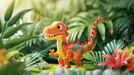 Naklejka premium 3d Cartoon dinosaur stomping through prehistoric jung