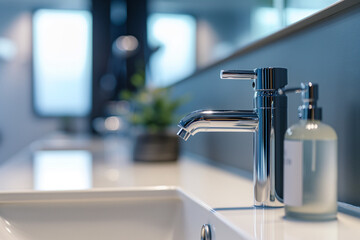 Clean modern bathroom with single soap dispenser