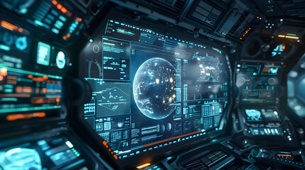 Fototapeta premium Futuristic sci-fi spaceship cockpit window texture background - Digital displays and cosmic views