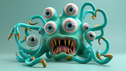 3D cartoon monster with multiple eyes and tentacles