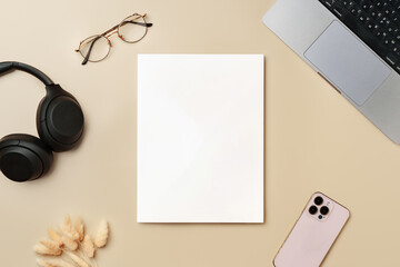 Blank stack of paper on beige background top view