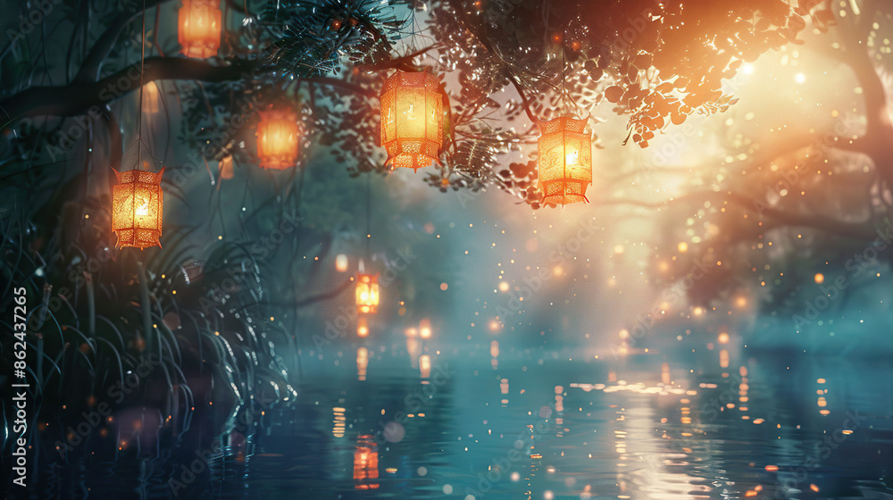 Wall mural magical forest with a floating glowing lanterns on isolate