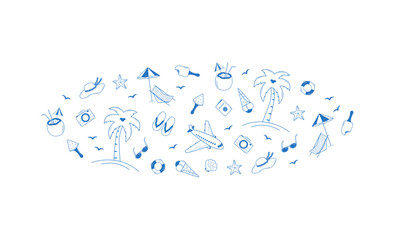 Set of summer travel doodle style icons. Vector illustration of the elements of tourism and beach holidays.