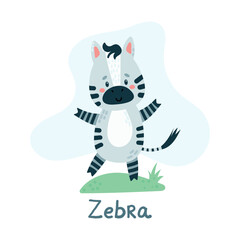 Childrens cute animal zebra. African animals, wildlife. Cute character. Flat vector illustration for children