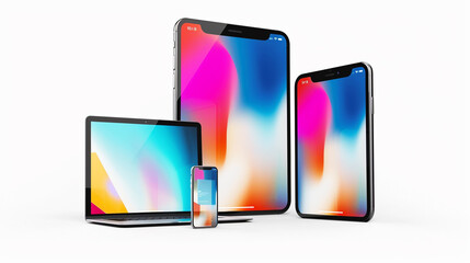 images showcasing various electronic devices, including laptops, desktop monitors, tablets, and smartphones, all with blank screens, illustrating modern technology and device variety