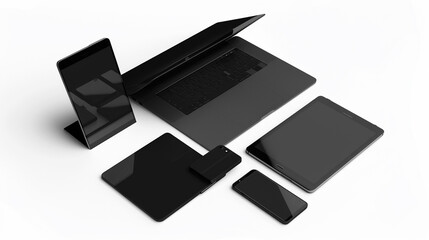 Flat lay of multiple electronic devices including laptops, tablets, and smartphones, set against a white background.