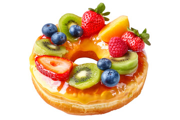 Closeup view of donut topped with fresh kiwi, strawberry, and assorted berries, perfect for summer dessert themes isolated on white transparent background.