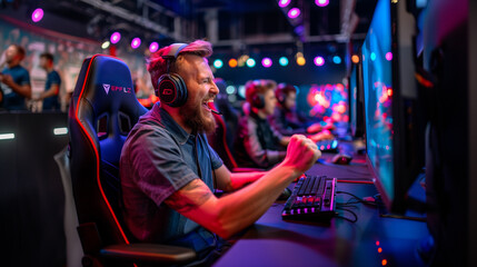 Obraz premium pro gamer man in headphones live streaming while playing online computer game, neon lights, esports, gaming, monitor, play, young, player, internet, enjoyment, cyber, e sport. 