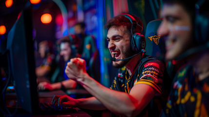 Fototapeta premium pro gamer man in headphones live streaming while playing online computer game, neon lights, esports, gaming, monitor, play, young, player, internet, enjoyment, cyber, e sport. 