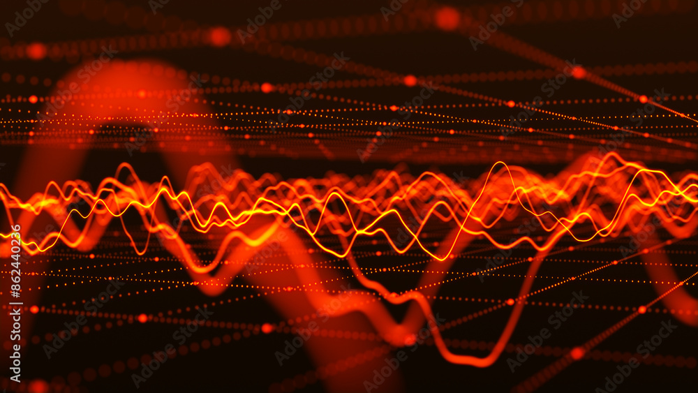 Poster wave of particles. futuristic pattern of dots and lines on a dark background. visualization of sound