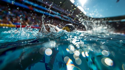 Olympic swimming event. Sport competition. Swimmers. Close-up water level view. Water splashing as swimmers race each other.	
