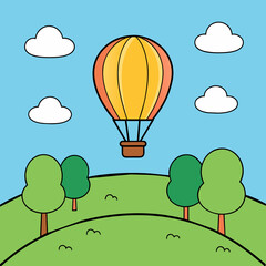 There is a hot air balloon flying over a hill with trees