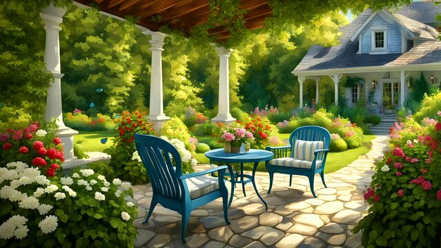 Summer landscape with a cottage set in a garden full of flowers and butterflies Seamless looping 4k time-lapse animation video background