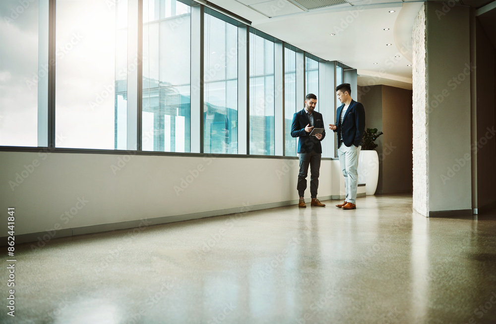 Poster office, consulting and men in hallway together with tablet, planning and networking collaboration. d