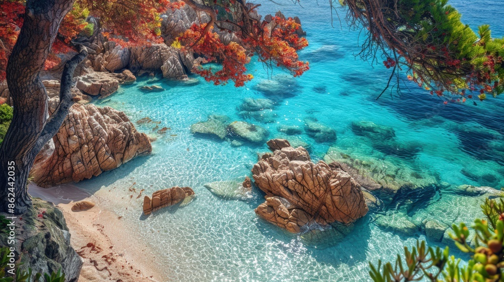 Poster a beautiful beach with a tree in the background. generate ai image