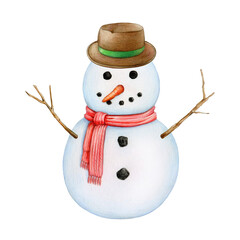 Funny snowman in red scarf and hat. Painted vintage style illustration. Hand drawn smiling snowman traditional winter season snow decoration. Isolated on white background