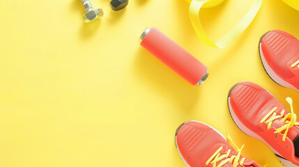 Bright yellow background featuring a flat lay of fitness gear including sneakers, water bottle, and resistance bands.