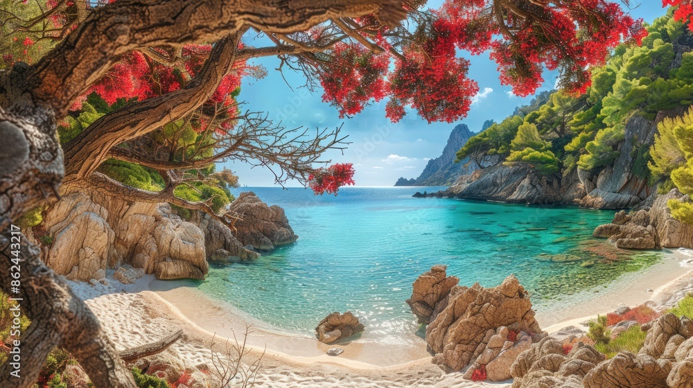 Poster a beautiful beach with a tree in the background. generate ai image